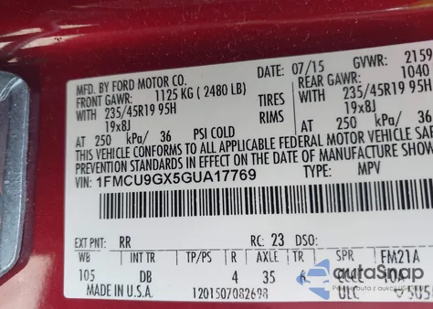 2016 Ford Escape Se from USA, damaged, VIN 1FMCU9GX5GUA17769